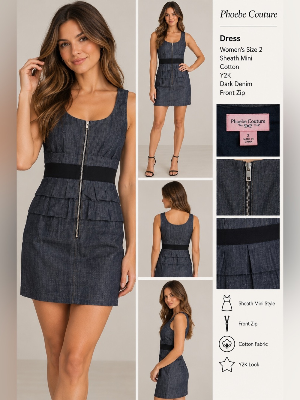 Phoebe couture Dress Womens size 2 sheath mini cotton Y2K Dark denim front Zip